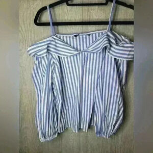 Zara blue and white striped off the shoulder blouse. Size Small. Cotton.